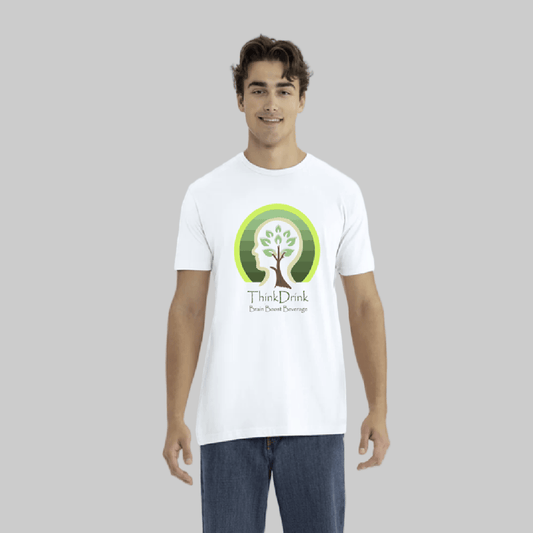 ThinkDrink Signature Logo Tee – White with Green Gradient Finish Logo