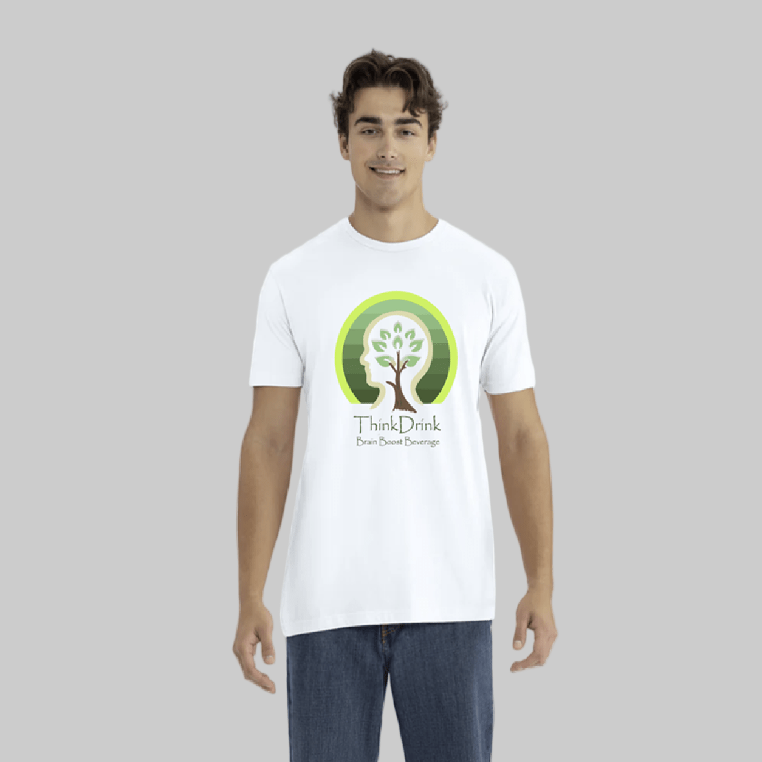 ThinkDrink Signature Logo Tee – White with Green Gradient Finish Logo